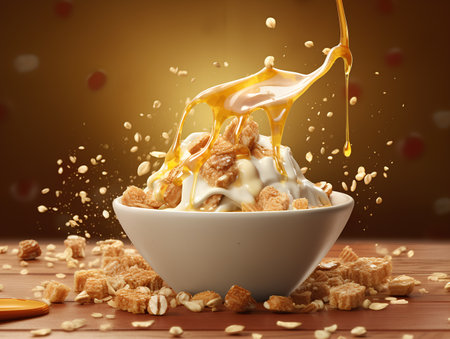 Cornflakes falling into a bowl with honey and milk on wooden backgroundの素材