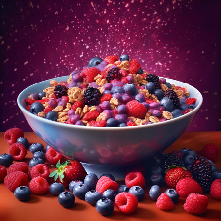 Healthy breakfast with muesli and fresh berries on a red backgroundの素材