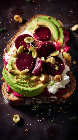 Toast with avocado, beetroot, feta cheese and nutsの素材