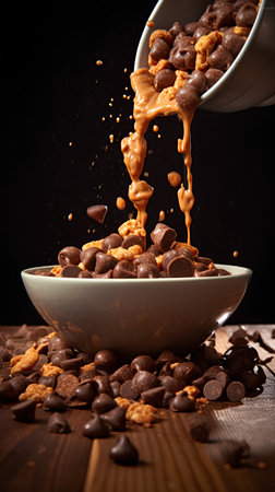 Chocolate cornflakes falling into a bowl with milk on wooden backgroundの素材