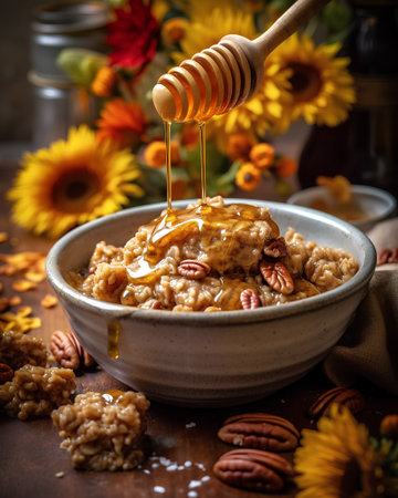 Oatmeal with nuts and honey in a ceramic bowl. Selective focus.の素材