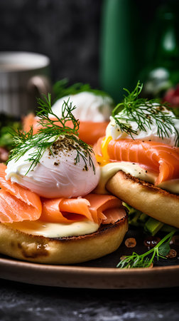 Sandwiches with salmon, poached eggs and dill on a plateの素材