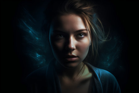 Portrait of a beautiful girl with smoke on a black background.の素材