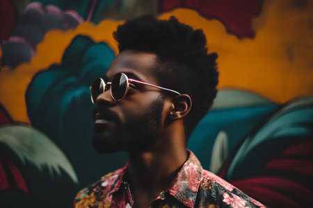 Young african american man in sunglasses posing in front of colorful wallの素材