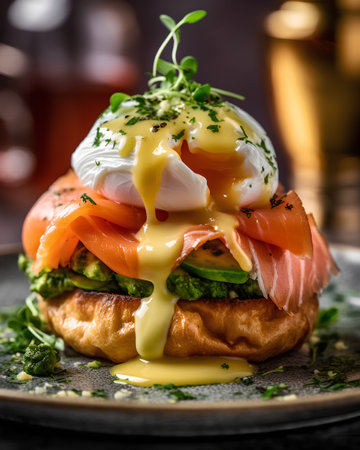 Eggs benedict with salmon, avocado and poached eggの素材