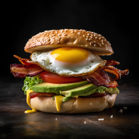 Hamburger with fried egg, bacon and vegetables on black backgroundの素材