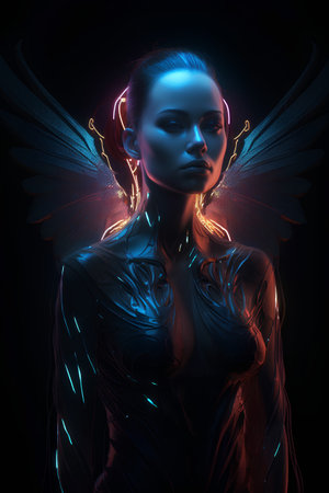 3d illustration of a beautiful woman with wings in neon light.の素材