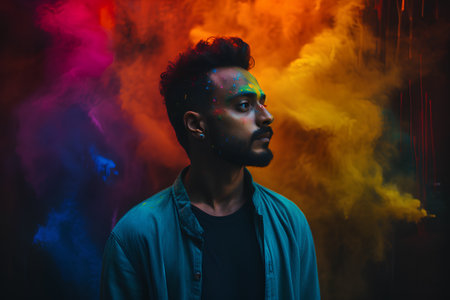 Portrait of a young man with colorful paint on his face.の素材