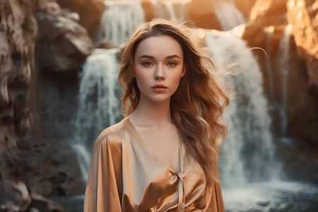 Portrait of a beautiful girl in a gold dress on a background of a waterfallの素材