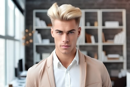 Portrait of a handsome young man with blond hair in office.の素材