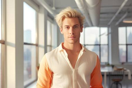 Handsome young man in casual clothes standing in an office.の素材