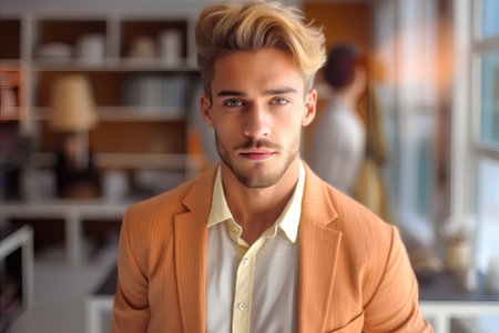 Portrait of a handsome young man with blond hair, indoor.の素材