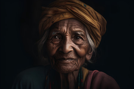 Old Indian woman in a yellow turban on a black background.の素材