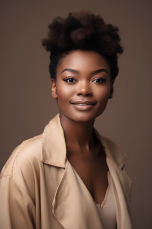 Portrait of beautiful african american woman in beige coatの素材