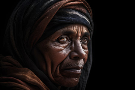 Portrait of an old Indian woman. Isolated on black background.の素材