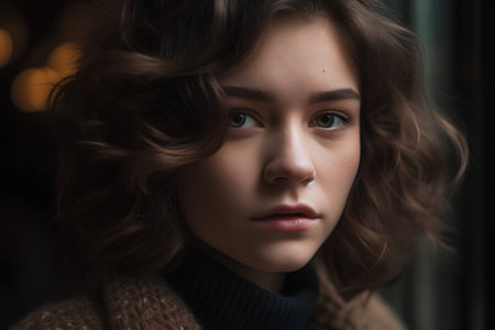 Portrait of a beautiful young woman with curly hair in a brown coatの素材