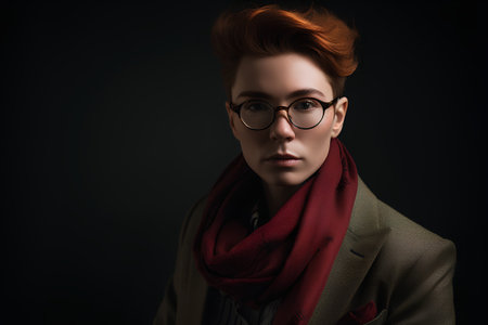 Portrait of beautiful redhead girl in eyeglasses and coat.の素材