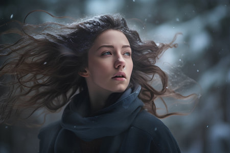 Portrait of a beautiful young woman with flying hair in the winter forestの素材
