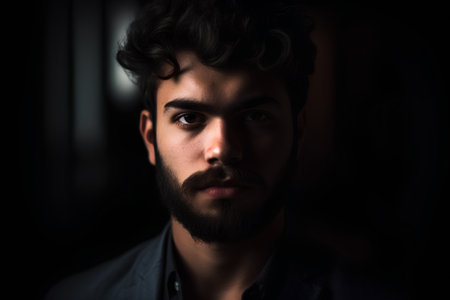 Portrait of a handsome young man with a beard in a dark roomの素材