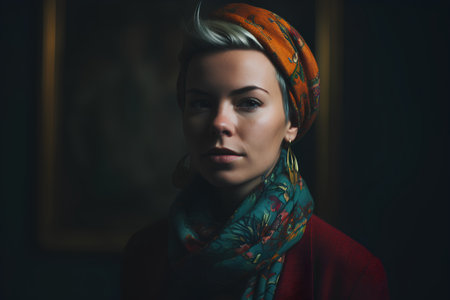 Portrait of a beautiful young woman with a scarf on her headの素材