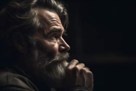 Portrait of an old man with a long gray beard and mustache on a dark backgroundの素材
