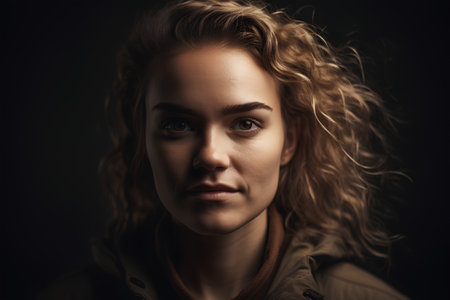 Portrait of a beautiful young woman with curly hair. Studio shot.の素材