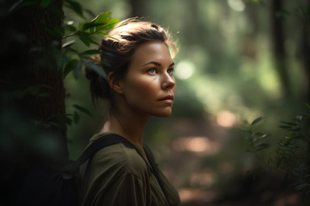 Portrait of a beautiful woman with backpack standing in the forest.の素材