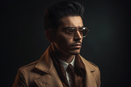 Portrait of a handsome asian man in brown coat and glassesの素材