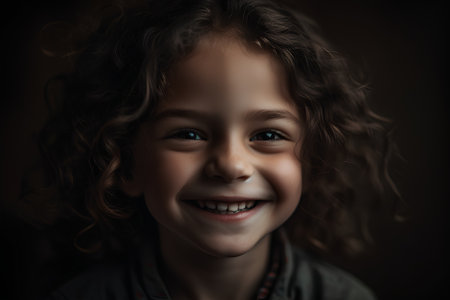 Portrait of a smiling little girl with curly hair on dark backgroundの素材