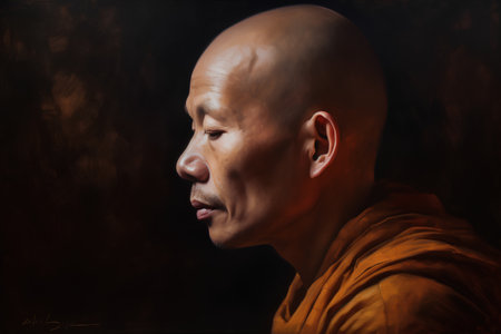 Buddhist monk portrait over dark background with grunge effects.の素材