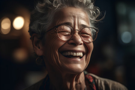 Portrait of a happy senior woman with glasses laughing in a restaurantの素材