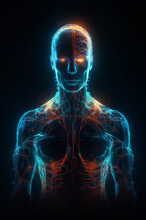 3d rendering of human body anatomy with glowing lines on dark backgroundの素材