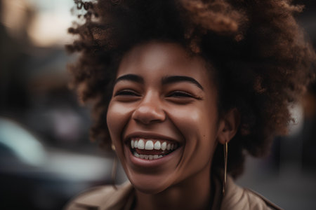 Close up portrait of beautiful young african american woman laughing outdoors.の素材
