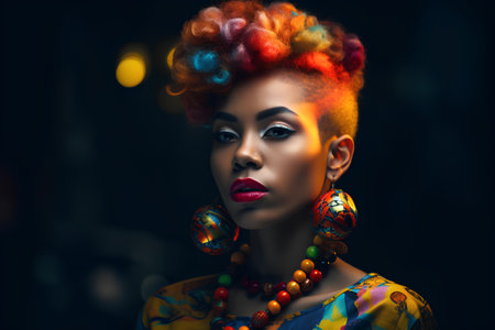 Portrait of beautiful young woman with afro hairstyle and colorful make upの素材
