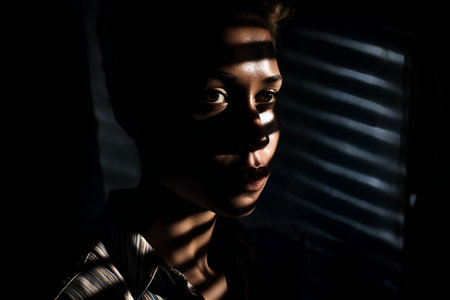 Young african american woman in dark room with blinds.の素材