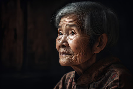 Portrait of an old asian woman with wrinkles on her face.の素材