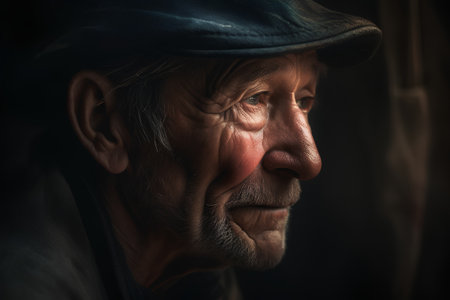 Portrait of an old man in a cap on a dark backgroundの素材