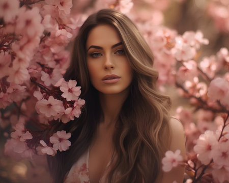 Beautiful young woman with long curly hair and pink cherry blossomの素材