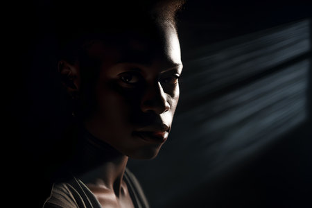 Portrait of a beautiful african american woman in the darkの素材