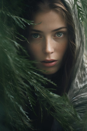 Portrait of a beautiful young woman with green eyes in the forestの素材