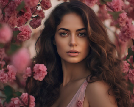 Portrait of beautiful young brunette woman with makeup in pink blossom garden.の素材