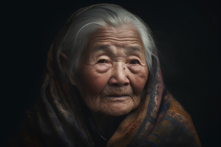 Portrait of an old Asian woman wearing a shawl.の素材
