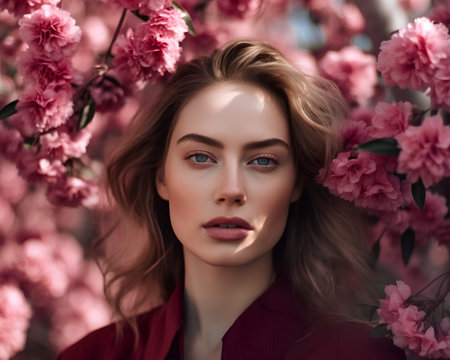 Beautiful girl with pink flowers in her hair. Spring portrait.の素材