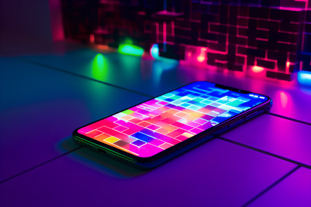 Smartphone with colorful neon light on the floor. 3d renderingの素材
