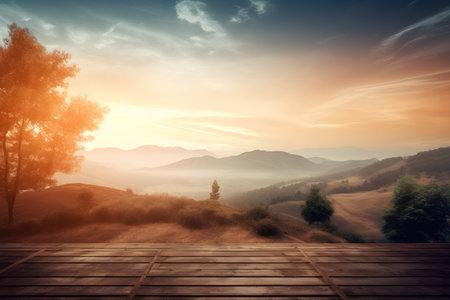 Wooden terrace with view on mountain valley at sunset. Toned.の素材