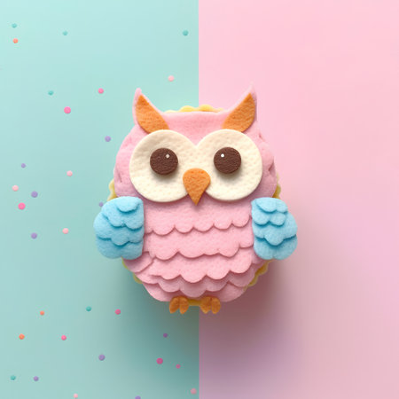 Cute owl cookie on pastel colorful background. Minimal style.の素材
