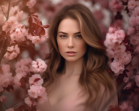 Portrait of a beautiful young woman with long curly hair and pink flowersの素材
