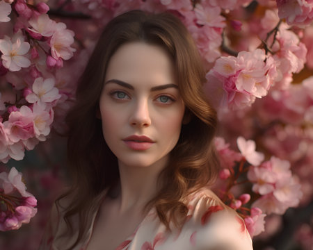 Beautiful young woman with pink cherry blossom in spring time.の素材