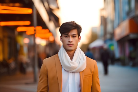 Portrait of a handsome young asian man wearing coat and scarfの素材