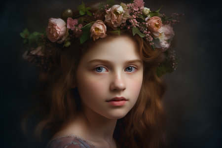 Portrait of a beautiful young girl with flowers in her hair.の素材